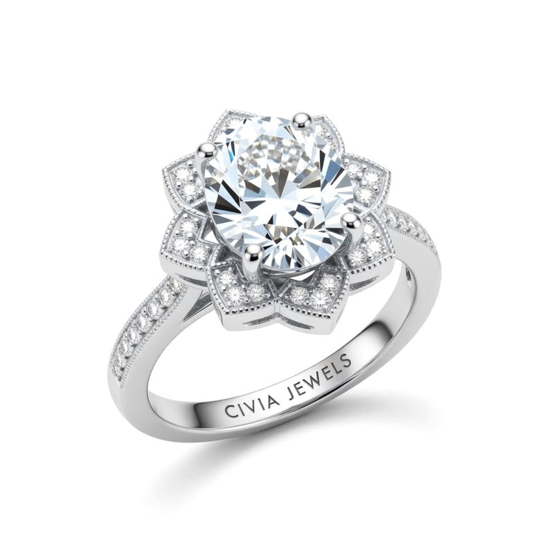 White Gold Round Diamond Vintage Halo Engagement Ring With Four Prong Setting And Pavé Band