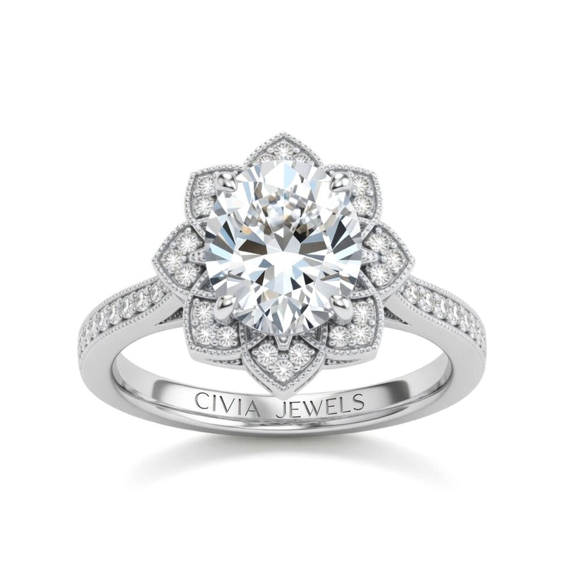 Silver Round Diamond Vintage Halo Engagement Ring With Four Prong Setting And Pavé Band