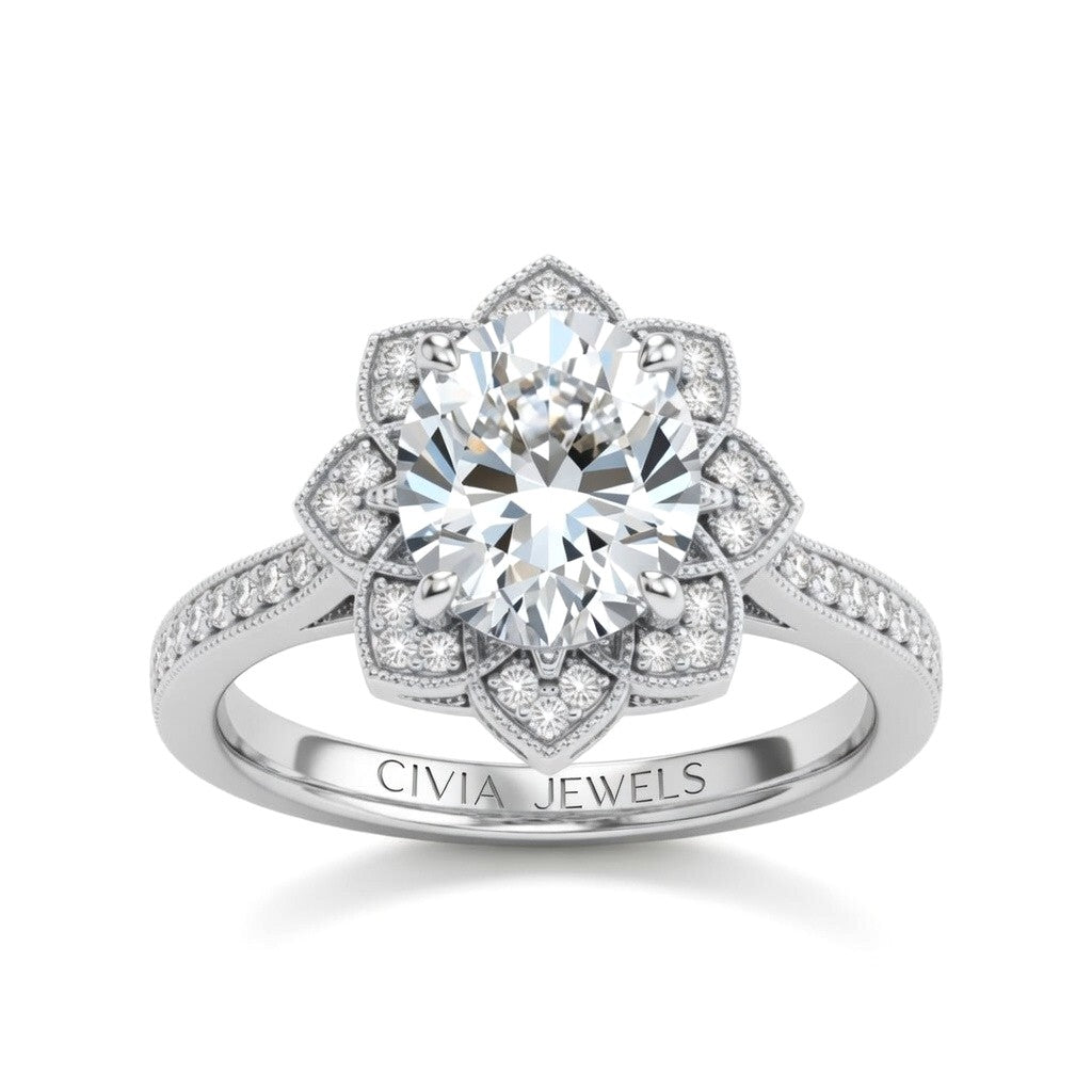 White Gold Round Diamond Vintage Halo Engagement Ring With Four Prong Setting And Pavé Band