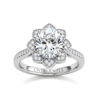 White Gold Round Diamond Vintage Halo Engagement Ring With Four Prong Setting And Pavé Band