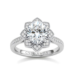 White Gold Round Diamond Vintage Halo Engagement Ring With Four Prong Setting And Pavé Band
