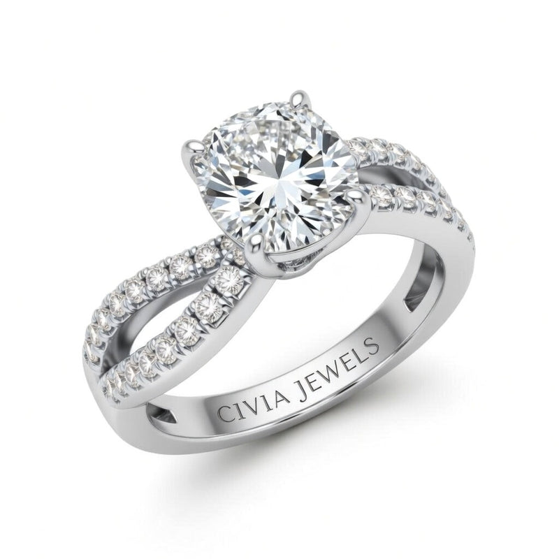 Silver Cushion Diamond Twisted Shank Engagement Ring With Four Prong Setting And Pavé Side Bands