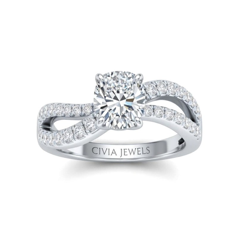 Silver Cushion Diamond Twisted Shank Engagement Ring With Four Prong Setting And Pavé Side Bands