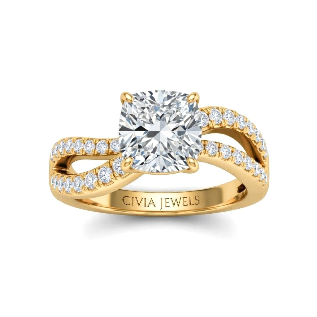 Yellow Gold Cushion Diamond Twisted Shank Engagement Ring With Four Prong Setting And Pavé Side Bands