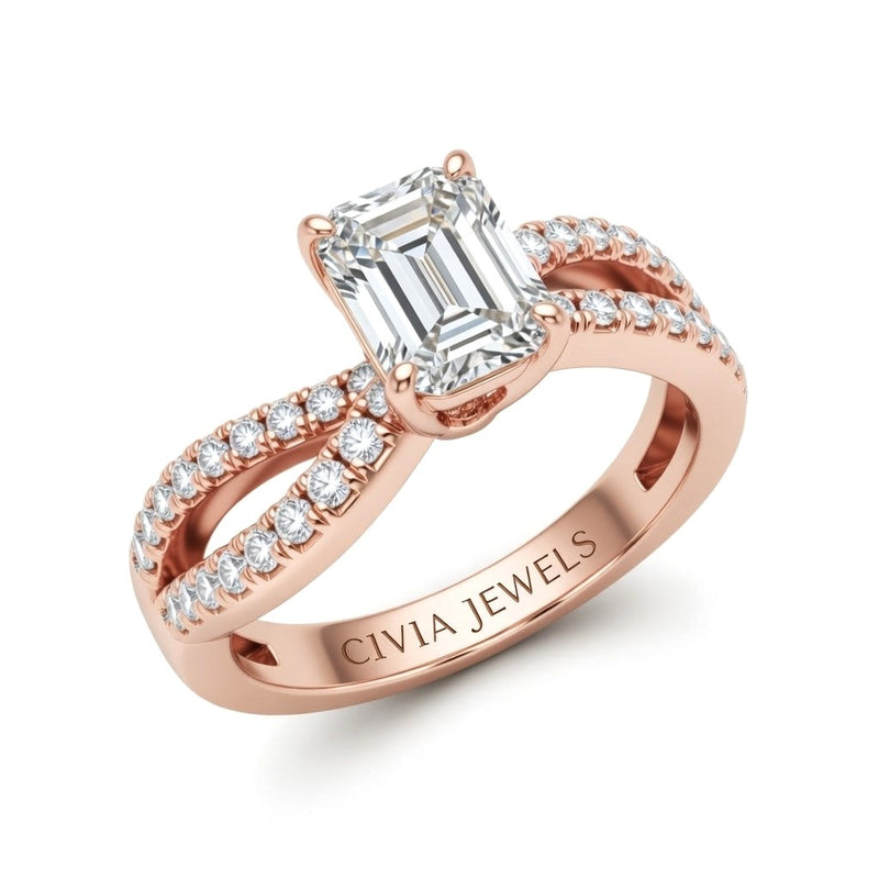Rose Gold Emerald Diamond Twisted Shank Engagement Ring With Four Prong Setting And Pavé Side Bands