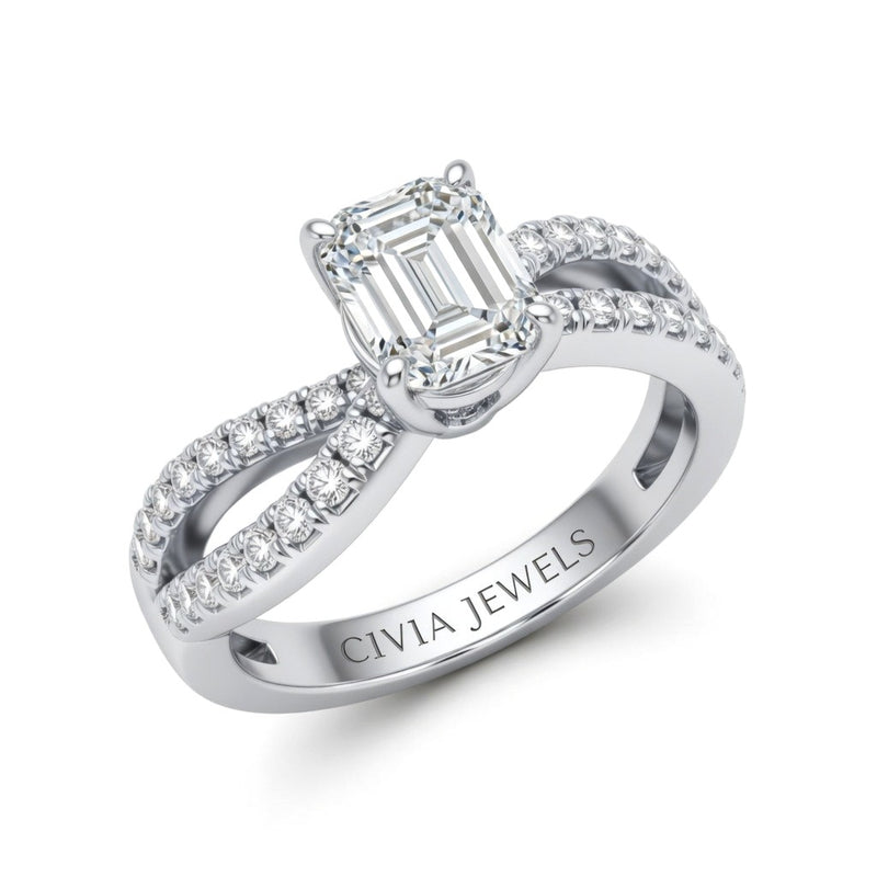 Silver Emerald Diamond Twisted Shank Engagement Ring With Four Prong Setting And Pavé Side Bands