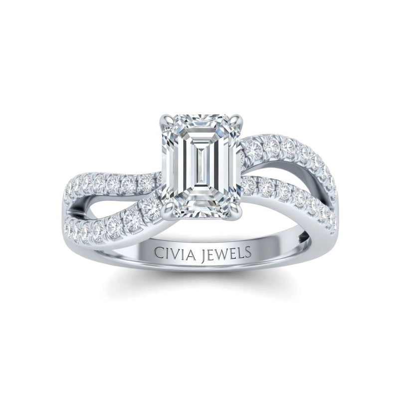 Silver Emerald Diamond Twisted Shank Engagement Ring With Four Prong Setting And Pavé Side Bands