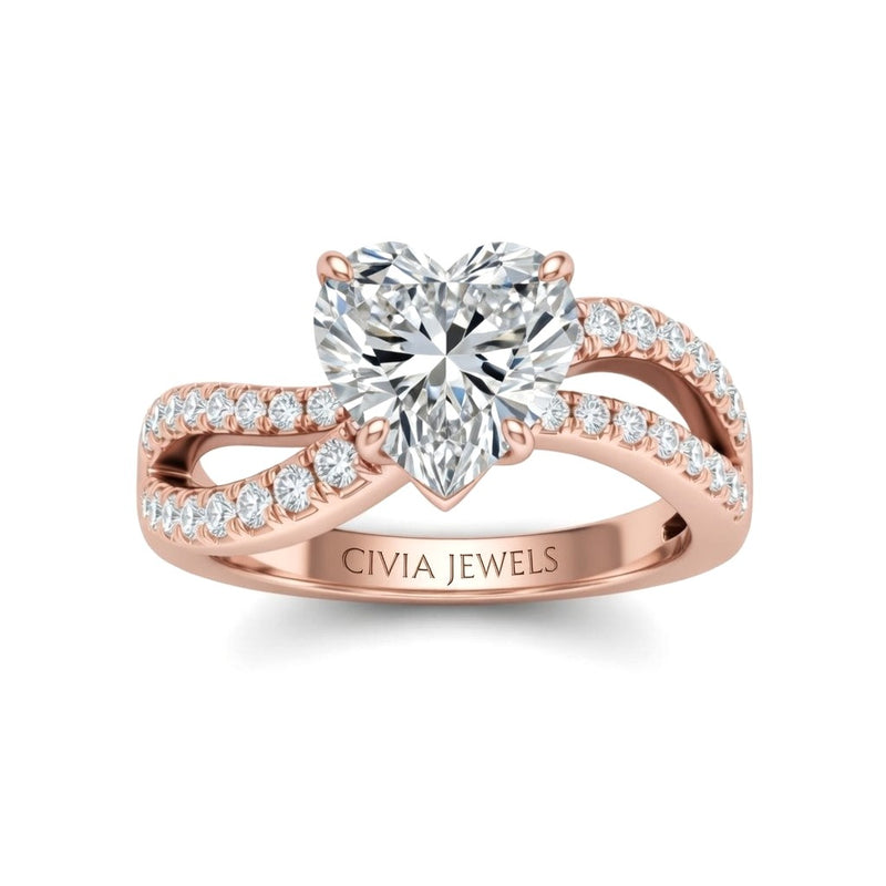 Rose Gold Heart Diamond Twisted Shank Engagement Ring With Four Prong Setting And Pavé Side Bands