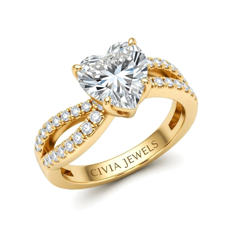 Yellow Gold Heart Diamond Twisted Shank Engagement Ring With Four Prong Setting And Pavé Side Bands
