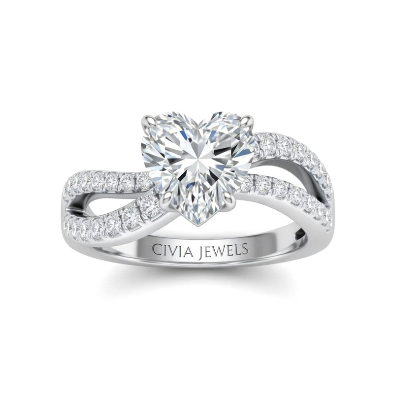 White Gold Heart Diamond Twisted Shank Engagement Ring With Four Prong Setting And Pavé Side Bands