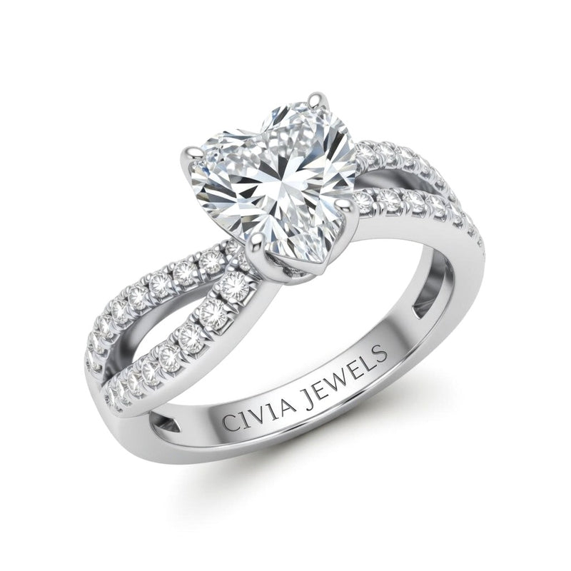 White Gold Heart Diamond Twisted Shank Engagement Ring With Four Prong Setting And Pavé Side Bands