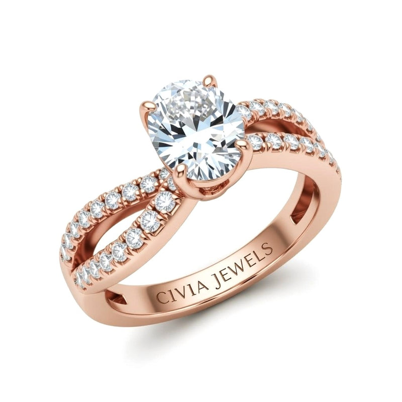 Rose Gold Oval Diamond Twisted Shank Engagement Ring With Four Prong Setting And Pavé Side Bands