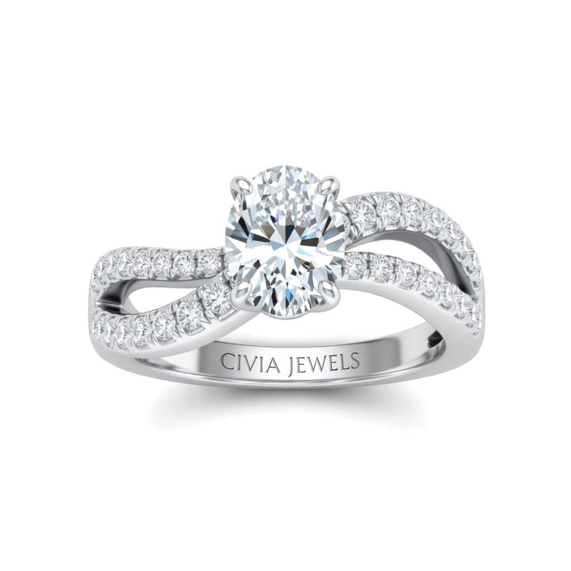 White Gold Oval Diamond Twisted Shank Engagement Ring With Four Prong Setting And Pavé Side Bands