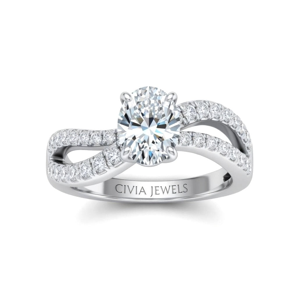 Silver Oval Diamond Twisted Shank Engagement Ring With Four Prong Setting And Pavé Side Bands