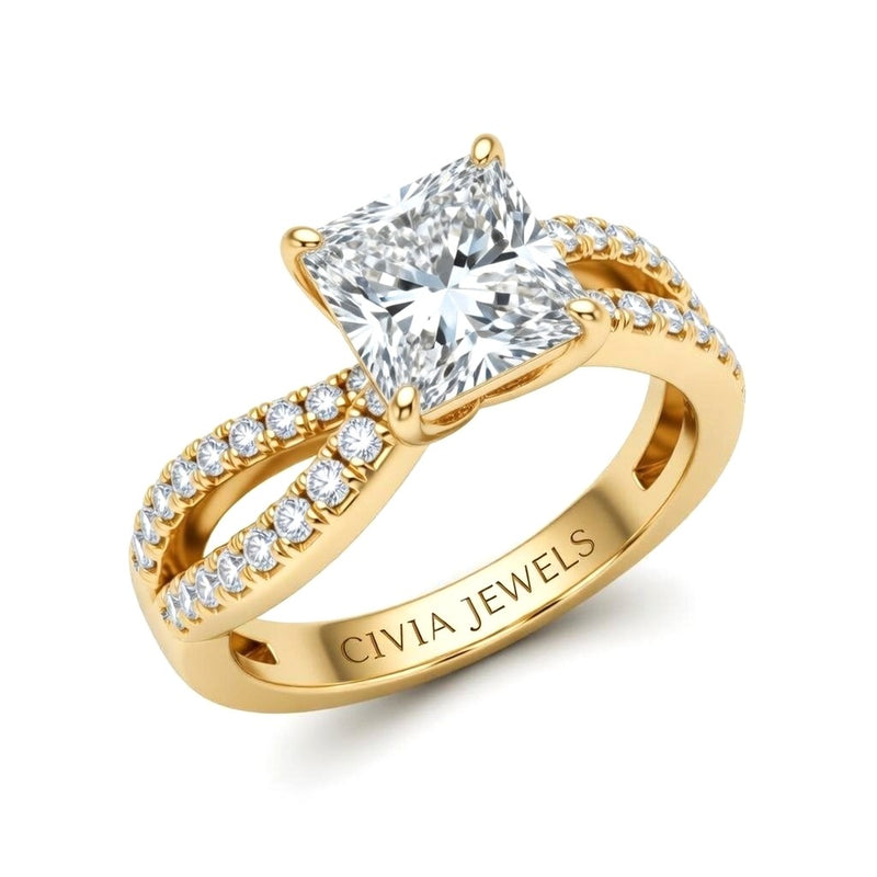 Yellow Gold Princess Diamond Twisted Shank Engagement Ring With Four Prong Setting And Pavé Side Bands