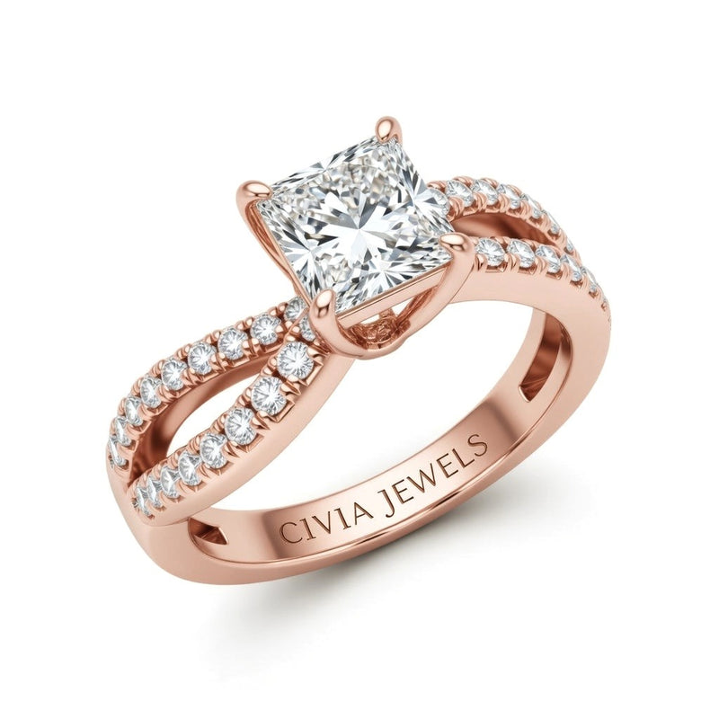 Rose Gold Princess Diamond Twisted Shank Engagement Ring With Four Prong Setting And Pavé Side Bands