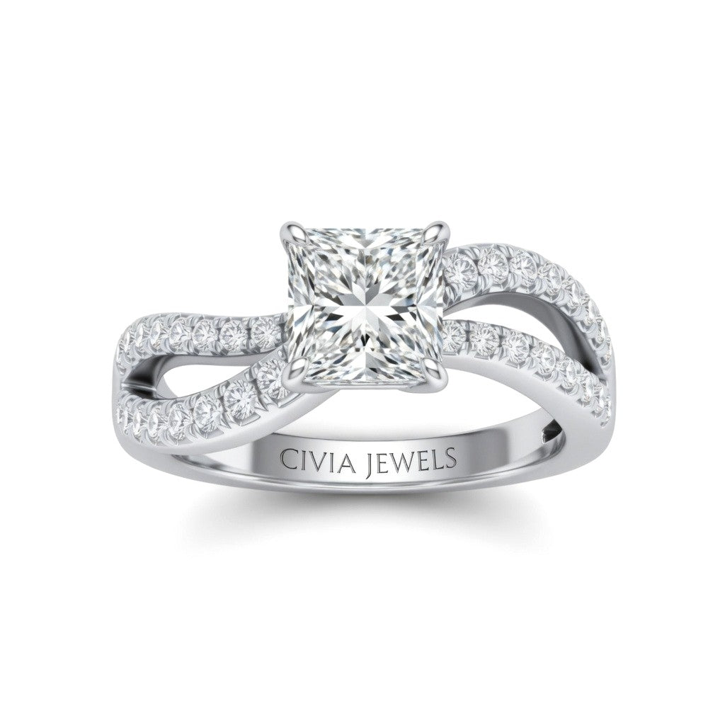 White Gold Princess Diamond Twisted Shank Engagement Ring With Four Prong Setting And Pavé Side Bands