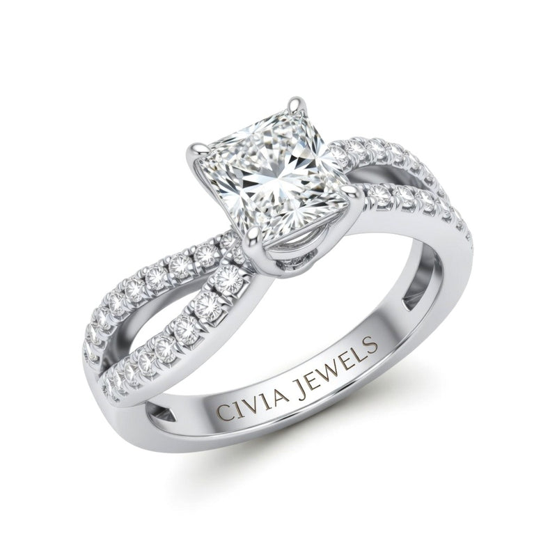 White Gold Princess Diamond Twisted Shank Engagement Ring With Four Prong Setting And Pavé Side Bands