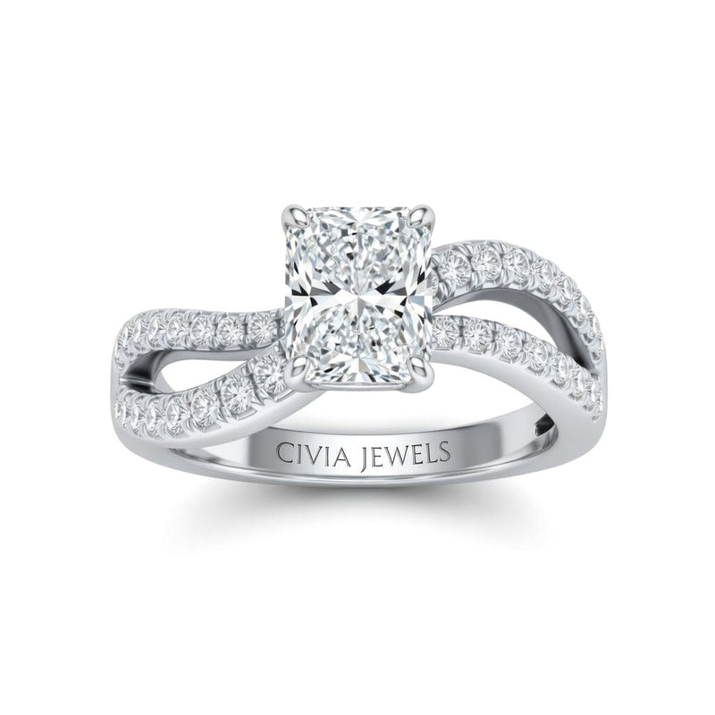 White Gold Radiant Diamond Twisted Shank Engagement Ring With Four Prong Setting And Pavé Side Bands