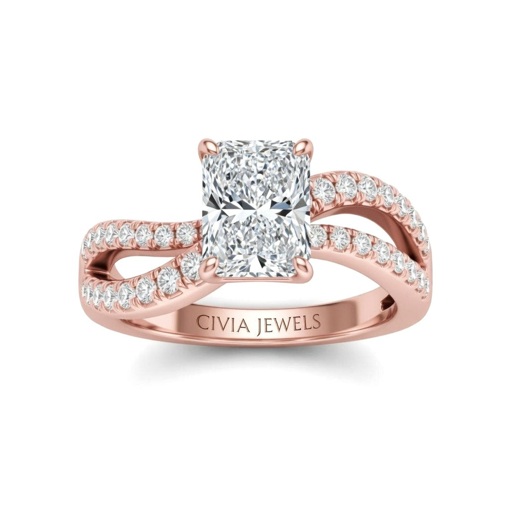Rose Gold Radiant Diamond Twisted Shank Engagement Ring With Four Prong Setting And Pavé Side Bands