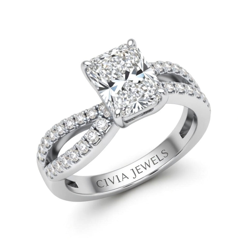 Silver Radiant Diamond Twisted Shank Engagement Ring With Four Prong Setting And Pavé Side Bands