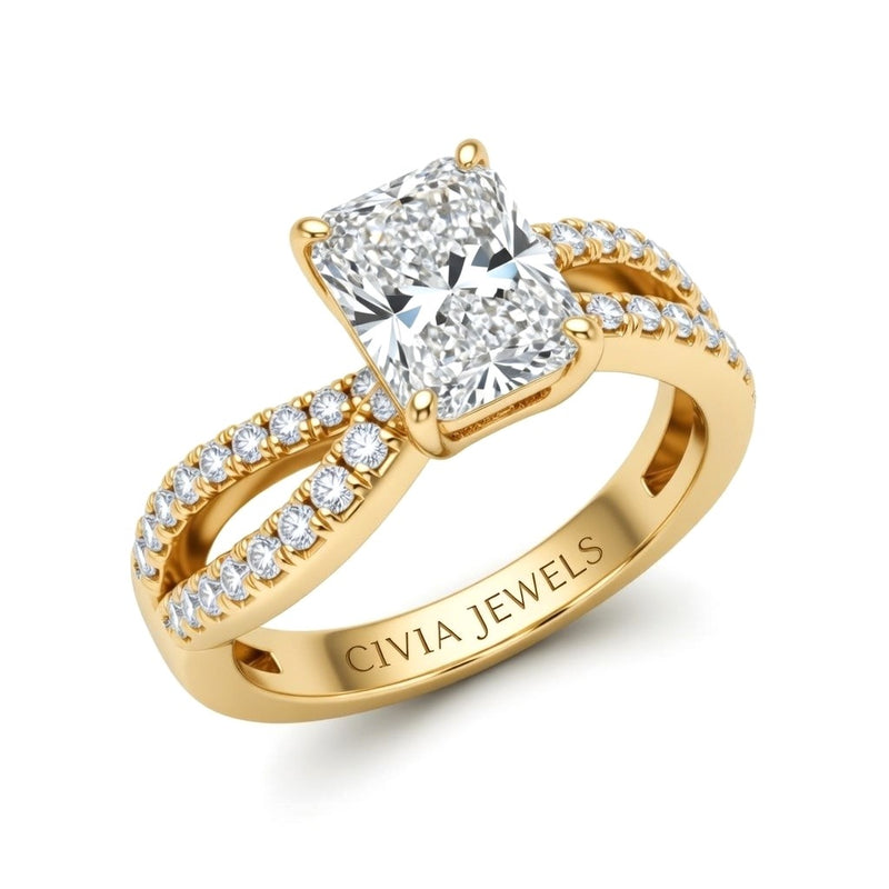 Yellow Gold Radiant Diamond Twisted Shank Engagement Ring With Four Prong Setting And Pavé Side Bands