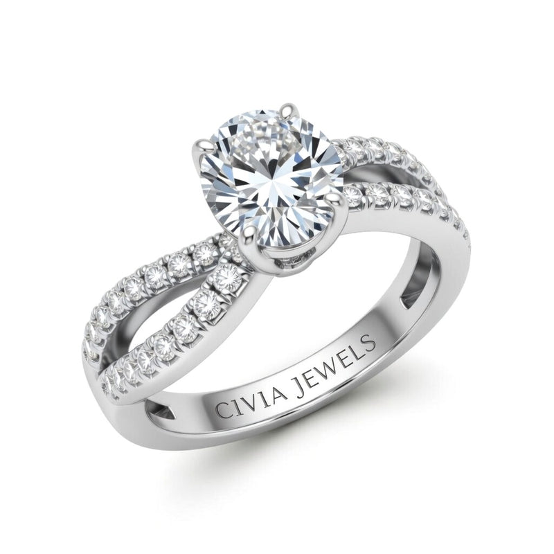 Silver Round Diamond Twisted Shank Engagement Ring With Four Prong Setting And Pavé Side Bands