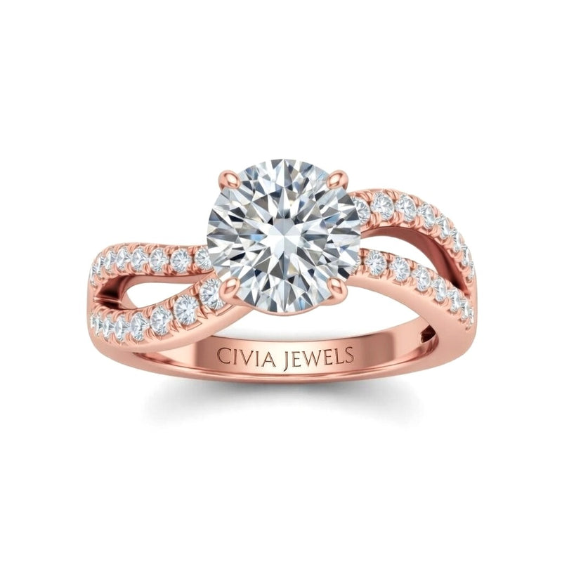 Rose Gold Round Diamond Twisted Shank Engagement Ring With Four Prong Setting And Pavé Side Bands