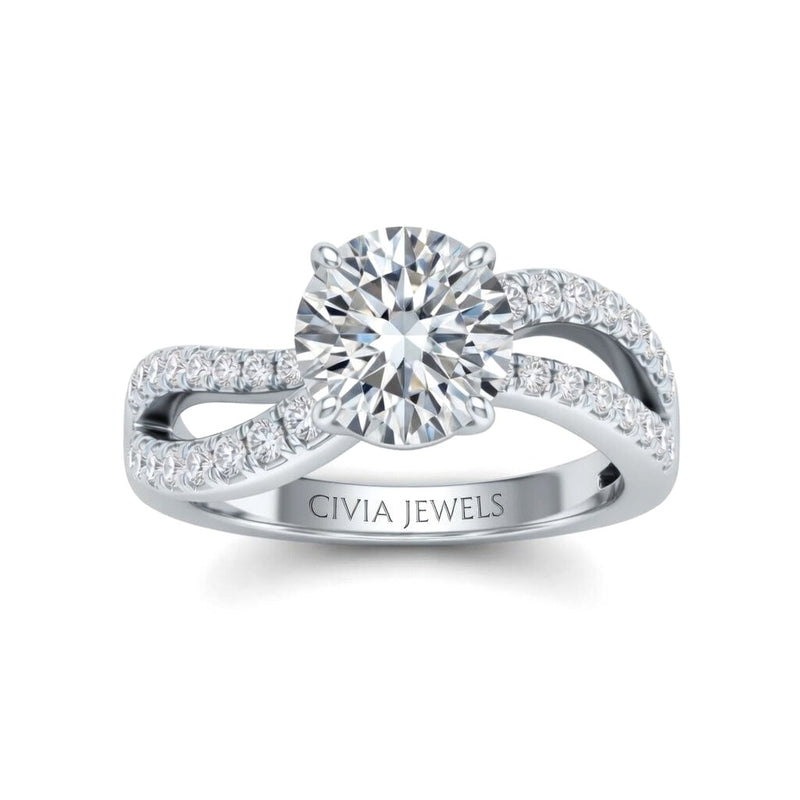 White Gold Round Diamond Twisted Shank Engagement Ring With Four Prong Setting And Pavé Side Bands