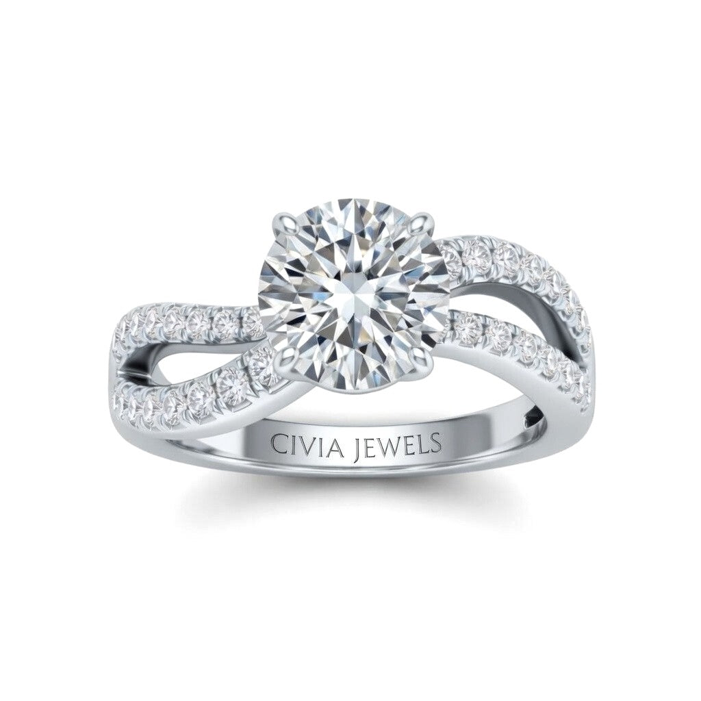 White Gold Round Diamond Twisted Shank Engagement Ring With Four Prong Setting And Pavé Side Bands