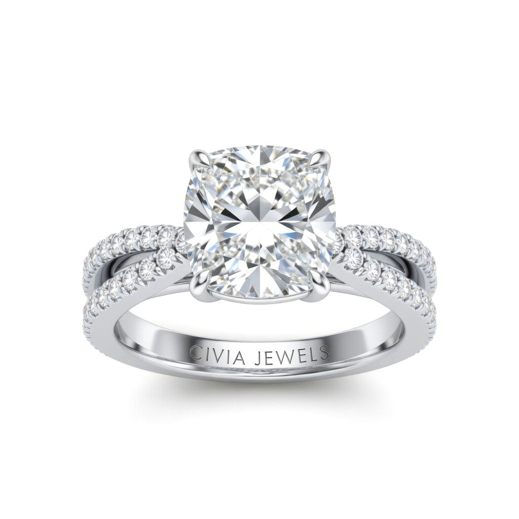 White Gold Cushion Cut Elevated Solitaire With Diamond Pavé Twisted Split Shank Engagement Ring
