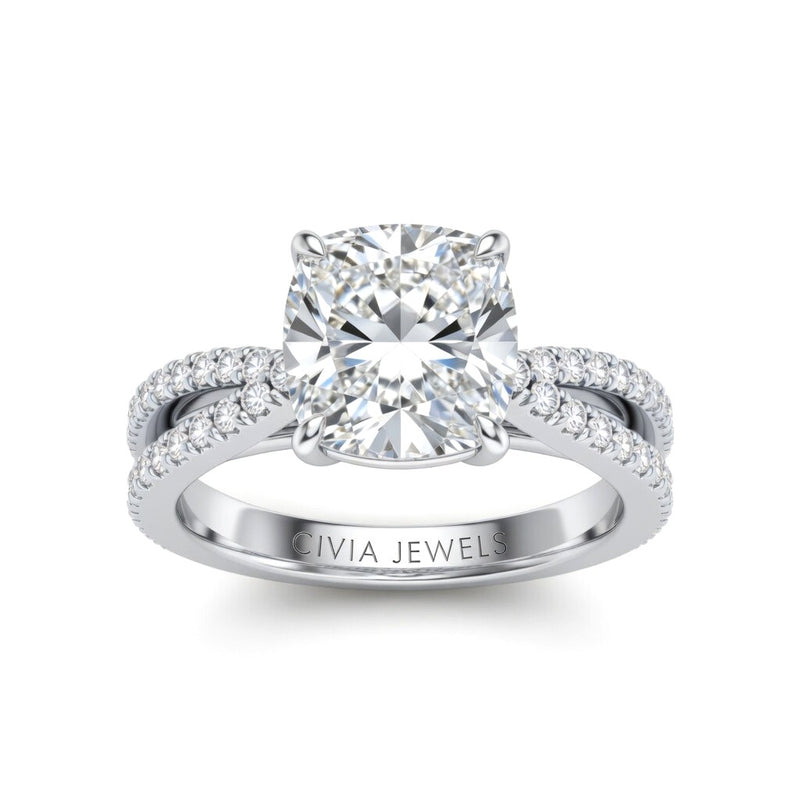 Silver Cushion Cut Elevated Solitaire With Diamond Pavé Twisted Split Shank Engagement Ring