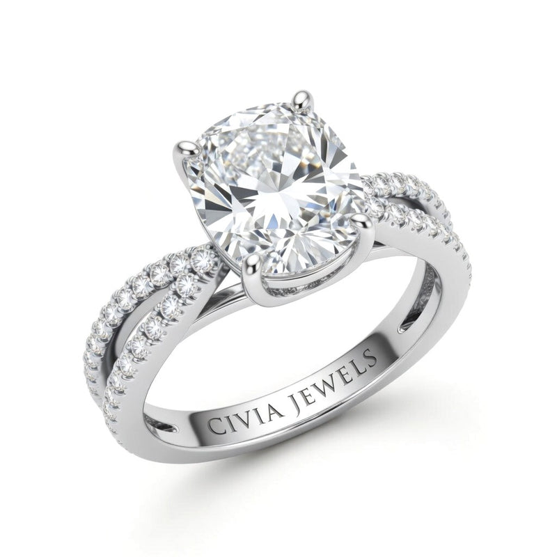 Silver Cushion Cut Elevated Solitaire With Diamond Pavé Twisted Split Shank Engagement Ring