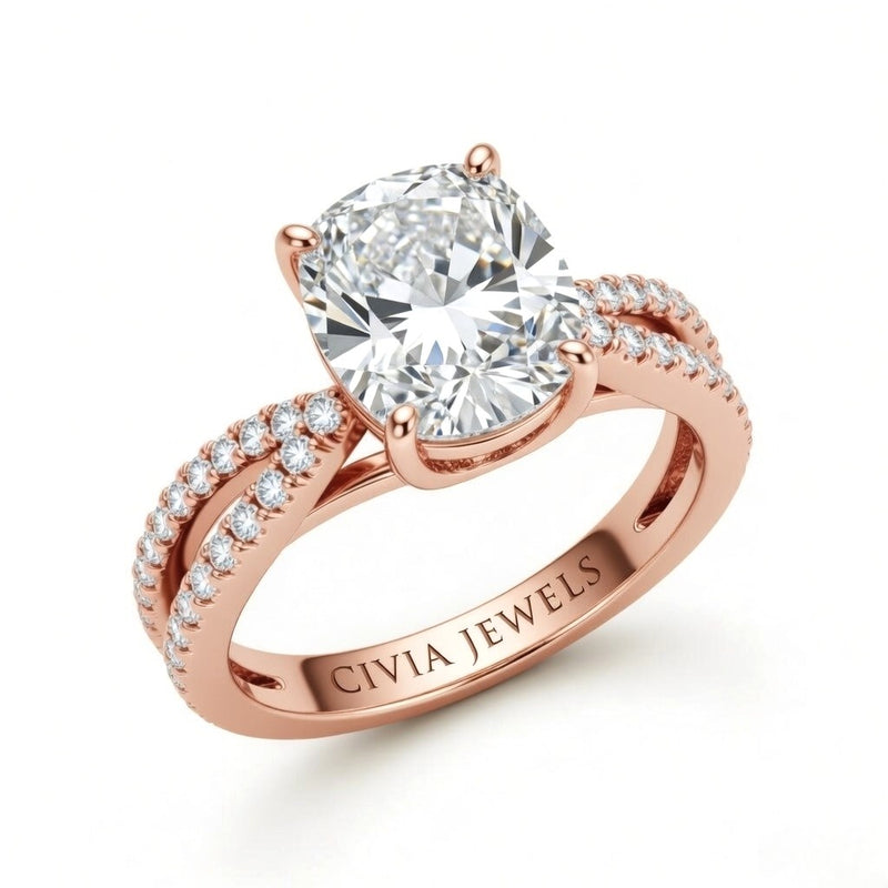 Rose Gold Cushion Cut Elevated Solitaire With Diamond Pavé Twisted Split Shank Engagement Ring