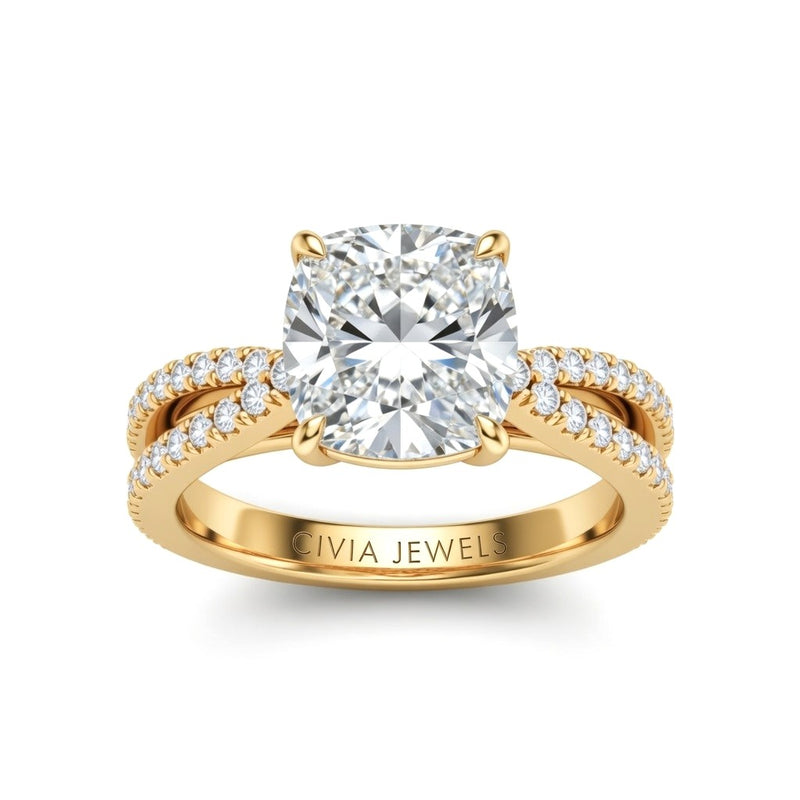Yellow Gold Cushion Cut Elevated Solitaire With Diamond Pavé Twisted Split Shank Engagement Ring
