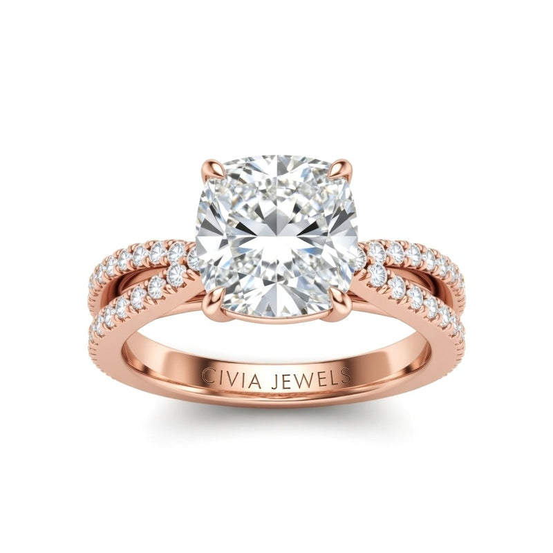 Rose Gold Cushion Cut Elevated Solitaire With Diamond Pavé Twisted Split Shank Engagement Ring