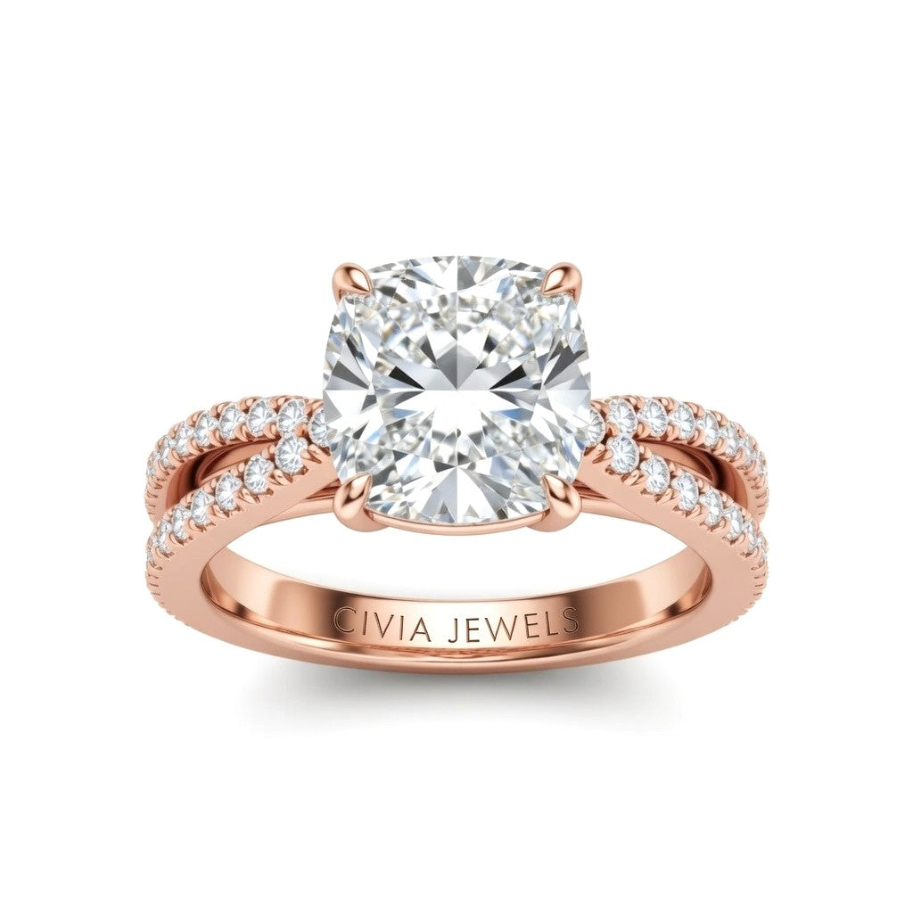 Rose Gold Cushion Cut Elevated Solitaire With Diamond Pavé Twisted Split Shank Engagement Ring