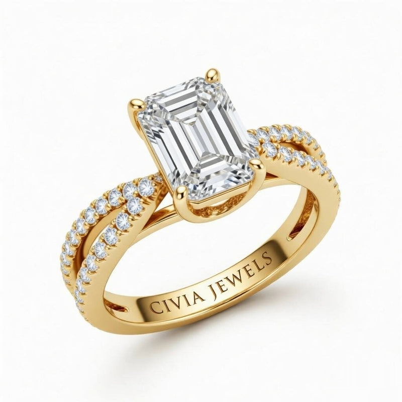 Yellow Gold Emerald Cut Elevated Solitaire With Diamond Pavé Twisted Split Shank Engagement Ring