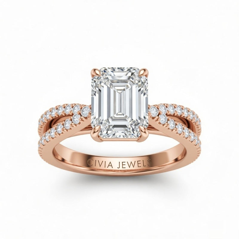 Rose Gold Emerald Cut Elevated Solitaire With Diamond Pavé Twisted Split Shank Engagement Ring
