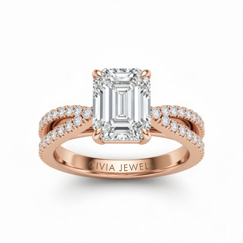 Rose Gold Emerald Cut Elevated Solitaire With Diamond Pavé Twisted Split Shank Engagement Ring