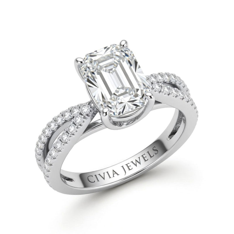 Silver Emerald Cut Elevated Solitaire With Diamond Pavé Twisted Split Shank Engagement Ring