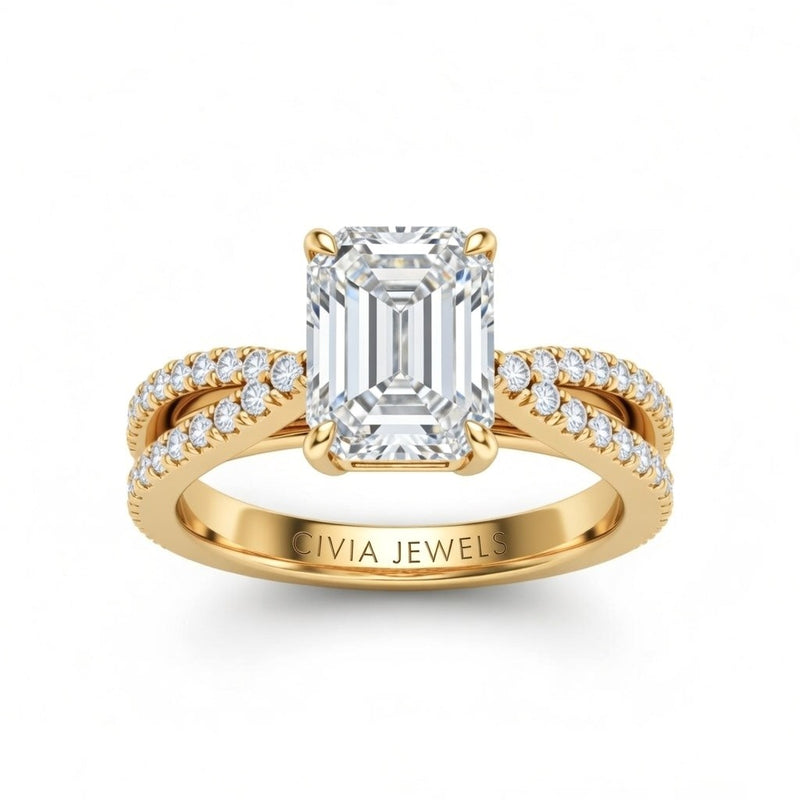 Yellow Gold Emerald Cut Elevated Solitaire With Diamond Pavé Twisted Split Shank Engagement Ring