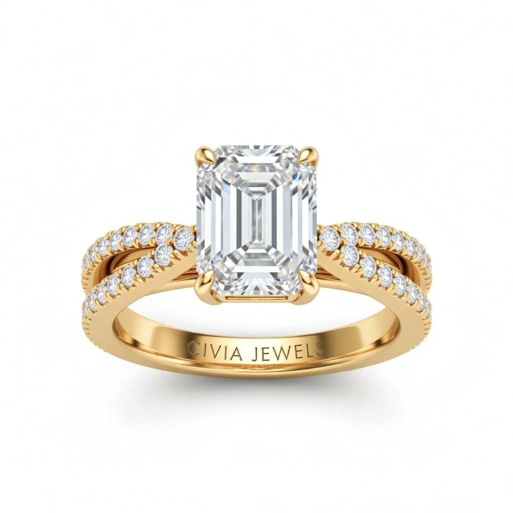 Yellow Gold Emerald Cut Elevated Solitaire With Diamond Pavé Twisted Split Shank Engagement Ring