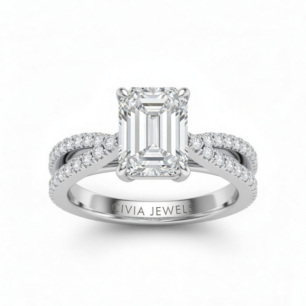 White Gold Emerald Cut Elevated Solitaire With Diamond Pavé Twisted Split Shank Engagement Ring