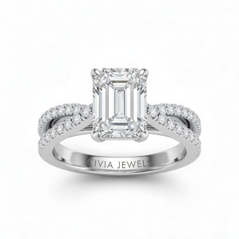 Silver Emerald Cut Elevated Solitaire With Diamond Pavé Twisted Split Shank Engagement Ring