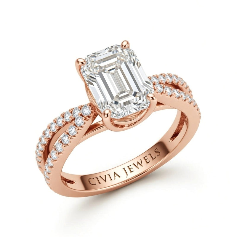 Rose Gold Emerald Cut Elevated Solitaire With Diamond Pavé Twisted Split Shank Engagement Ring