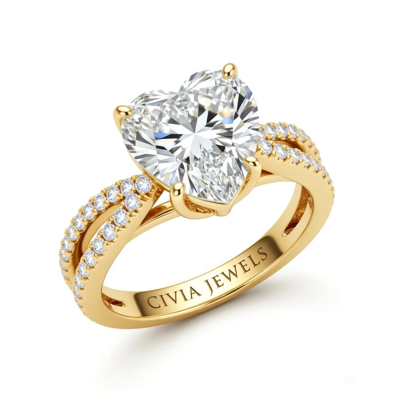 Yellow Gold Heart Cut Elevated Solitaire With Diamond Pavé Twisted Split Shank Engagement Ring