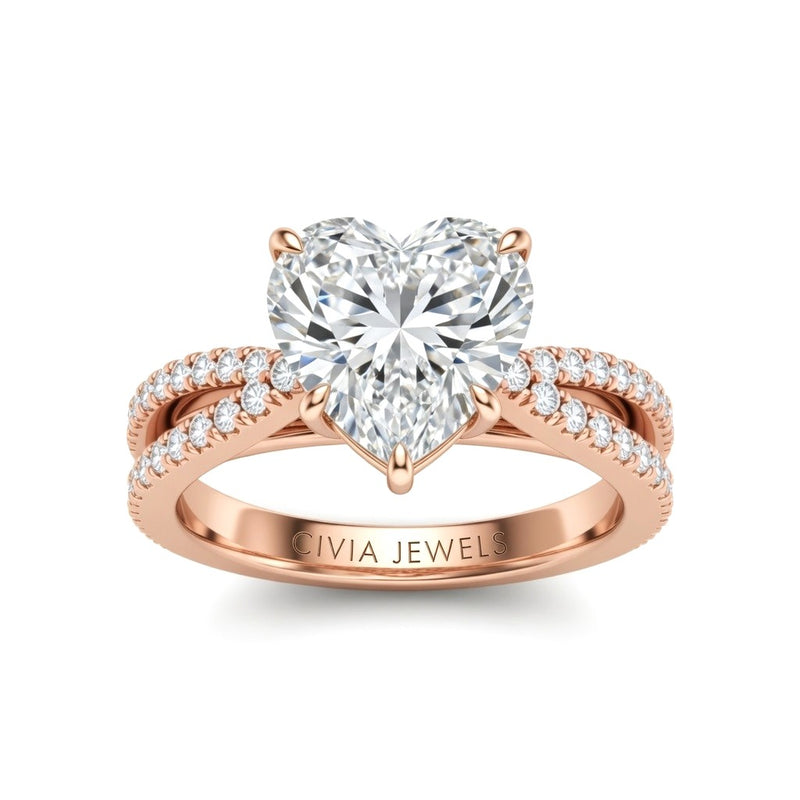 Rose Gold Heart Cut Elevated Solitaire With Diamond Pavé Twisted Split Shank Engagement Ring