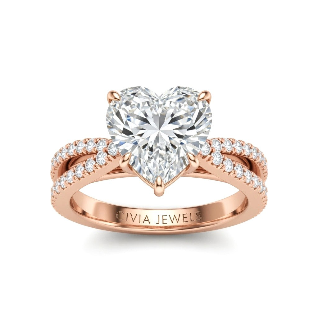 Rose Gold Heart Cut Elevated Solitaire With Diamond Pavé Twisted Split Shank Engagement Ring