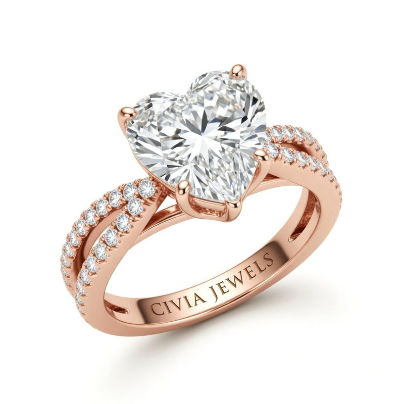 Rose Gold Heart Cut Elevated Solitaire With Diamond Pavé Twisted Split Shank Engagement Ring